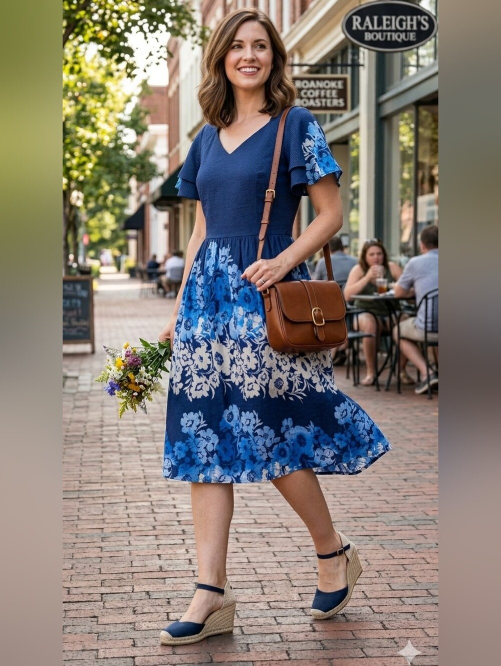 London Times Blue Floral Flutter Sleeve Fit & Flare Dress – Size 12